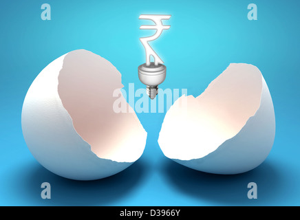 Rupee sign shaped light bulb representing concept of power saving Stock Photo