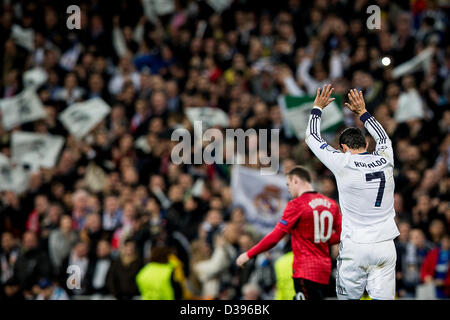 Madrid, Spain. 13th Feb, 2013.  Midfielder Cristiano Ronaldo of Real Madridc celebrates after scoring the equalizing goal during the Champions League game between Real Madrid and Manchester United Saint Germain from the Mestalla Stadium. Credit:  Action Plus Sports Images / Alamy Live News Stock Photo