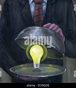 Illustrative image of man serving glowing light bulb in platter representing new ideas Stock Photo