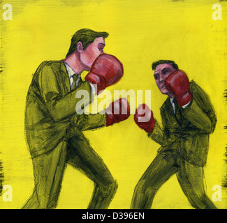 Conceptual image of two businessmen boxing over yellow background Stock Photo
