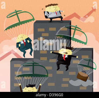 Businessmen jumping from building roof in parachute with dollar sign representing concept of business opportunity Stock Photo