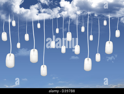 Illustrative image of computer mice hanging in sky representing cloud computing Stock Photo