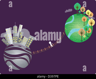 Person bridging the gap between financial and green globes over black background depicting solutions for environmental issues Stock Photo