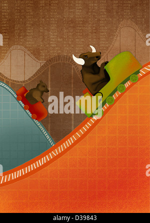 Bull and Bear riding on roller coaster depicting the concept of ups and downs of stock market Stock Photo