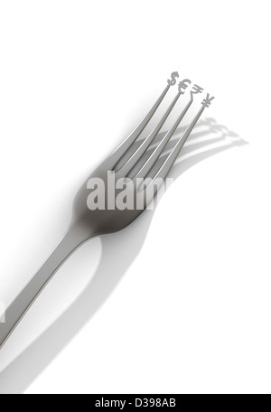 Fork with major global currency symbols isolated over white background depicting cooperation of world economy Stock Photo