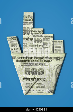 Indian banknote origami of mouse pointer over colored background representing the concept of investment in IT sector Stock Photo