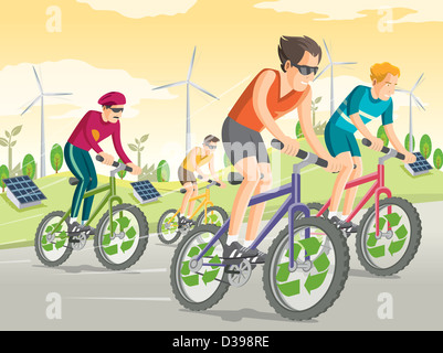 Illustrative image people riding bikes on street wind turbines and solar panels in the background representing go green concept Stock Photo