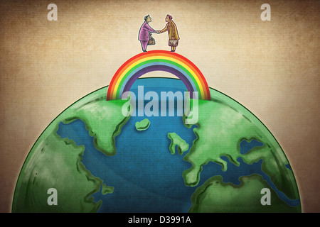 Illustrative image of business people shaking hands on rainbow above globe Stock Photo