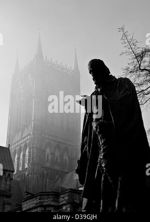 Bronze statue of poet Alfred Lord Tennyson by George Frederick Watts at grade 1 listed Lincoln Cathedral Lincolnshire England Stock Photo