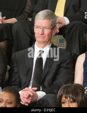 Tim Cook, CEO, Apple, Inc., listens as United States President Barack Obama delivers his State of the Union Address to a Joint Session of Congress in the U.S. Capitol on Tuesday, February 12, 2013..Credit: Ron Sachs / CNP.(RESTRICTION: NO New York or New Jersey Newspapers or newspapers within a 75 mile radius of New York City) Stock Photo