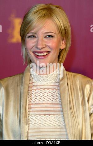 (dpa) - Australian actress Cate Blanchett smiling at the presentation of her new film 'heaven' at the 52nd International Film Festival in Berlin, 6 February 2002. Stock Photo