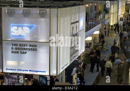 (dpa) - The stand of the German software company SAP on the world's largest computer trade fair CeBIT in Hanover, 19 March 2002. Stock Photo