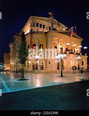 (dpa files) - A general night view shows the illuminated and newly re-constructed Concert Hall 'Alte Oper' (Old Opera)in Frankurt, 1981.This magnificent concert house was built in 1880 by the German architect Richard Lucae. Originally constructed in the style of the Italian high renaissance, is was  Stock Photo