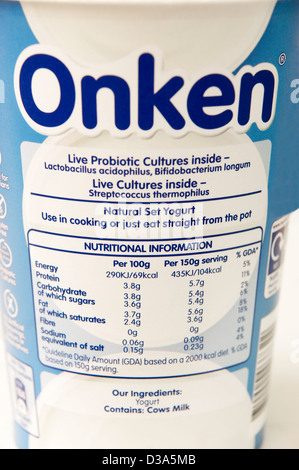 Onken yogurt showing information on probiotic & live cultures with recycling signs on the side Stock Photo