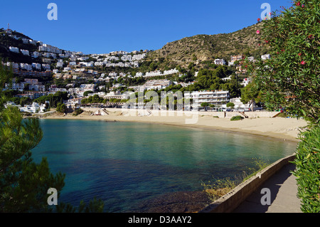 Urban beach in Roses town, Mediterranean sea, Costa Brava, Catalonia, Spain, Cala Canyelles Petites Stock Photo