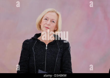 Berlin, 14th february, 2013. Delivery of the certificate of release from Annette Schavan and presentation of certificate of appointment for Johanna Wanka to the Federal Minister of Education and Research through Bundespreäsident Gauck, attended by German Chancellor Angela Merkel at Bellevue Palace in Berlin. Johanna Wanka. Stock Photo