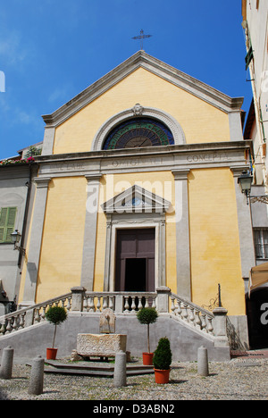 Yellow church facade, San Remo, Liguria, Italy Stock Photo