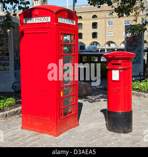 A traditional red English public phone and post box Stock Photo