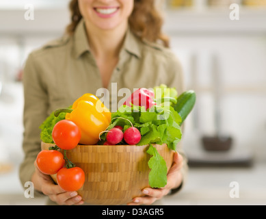 Closeup on plate of fresh vegetables in hand of young housewife Stock Photo