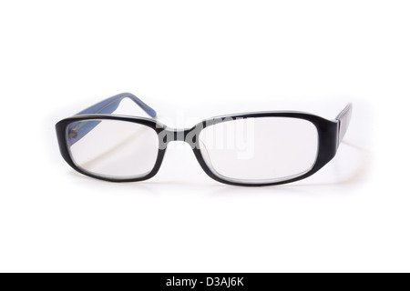 Nerd blue glasses on isolated white background, perfect reflection Stock Photo