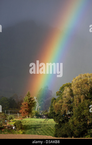 Bright rainbow over farm land in the Volcan Baru region, Cerro Punta, Chiriqui, Panama Stock Photo