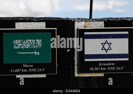 signs indicating distance to mecca jerusalem from sulphur mountain banff national park tourism tourist point of interest Stock Photo