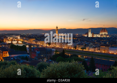 Florence, Arno River and Ponte Vecchio after sunset, Italy Stock Photo