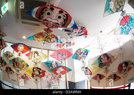 February 14, 2013, Kawagoe, Japan - A traditional Japanese kites at the Kawagoe Festival Museum. An old town from Edo Period (1603-1867) is located in Kawagoe, 30 minutes by train from central Tokyo. In the past Kawagoe was an important city for trade and strategic purpose, the shogun installed some of their most important loyal men as lords of Kawagoe Castle. Every year 'Kawagoe Festival' is held in the third weekend of October, people pull portable shrine during the parade, later 'dashi' floats on the streets nearby. The festival started 360 years ago supported by Nobutsuna Matsudaira, lord  Stock Photo