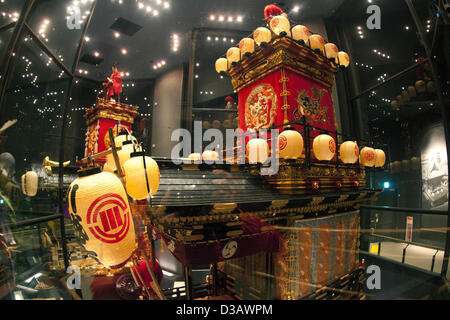 February 14, 2013, Kawagoe, Japan - The dashi (portable shrine) at the Kawagoe Festival Museum. An old town from Edo Period (1603-1867) is located in Kawagoe, 30 minutes by train from central Tokyo. In the past Kawagoe was an important city for trade and strategic purpose, the shogun installed some of their most important loyal men as lords of Kawagoe Castle. Every year 'Kawagoe Festival' is held in the third weekend of October, people pull portable shrine during the parade, later 'dashi' floats on the streets nearby. The festival started 360 years ago supported by Nobutsuna Matsudaira, lord o Stock Photo