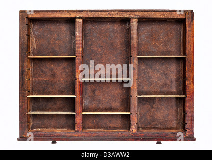 vintage wood printer (typesetter) drawer with dividers, isolated on white Stock Photo