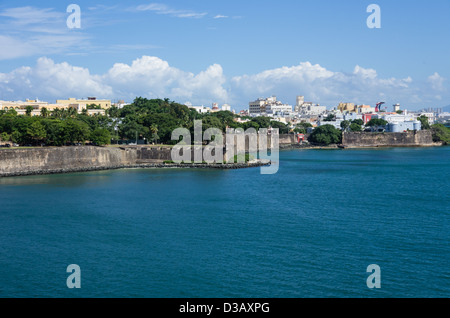 San Juan, Puerto Rico, A view of Old San Juan and the extended El Morro Fortress wall from San Juan Bay Stock Photo