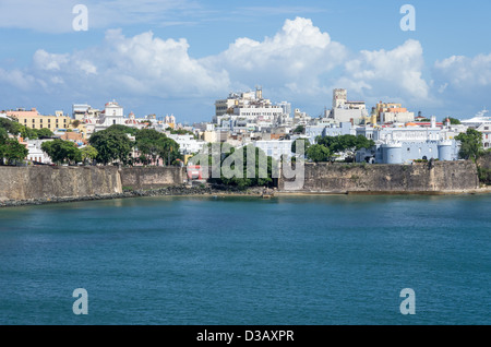 San Juan, Puerto Rico, A view of Old San Juan and the extended El Morro Fortress wall from San Juan Bay Stock Photo