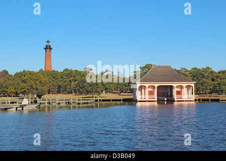 The Currituck Beach Lighthouse and boathouse near Corolla, North Carolina Stock Photo