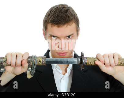 Male office worker with sword. Isolated on white Stock Photo