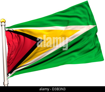 Guyana flag on a flag pole. Clipping path included. Silk texture visible on the flag at 100%. Stock Photo