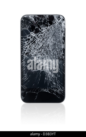 Mobile phone with broken screen isolated on white. Stock Photo
