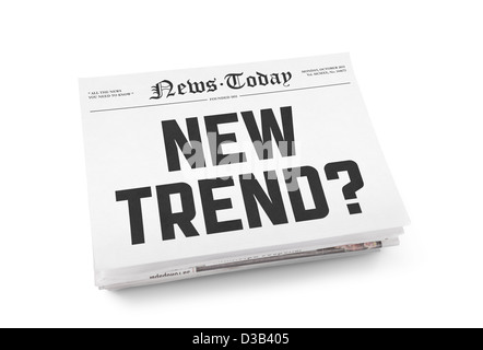 A stack of newspapers with headline 'New Trend?' and blank space for information. Isolated on white. Stock Photo