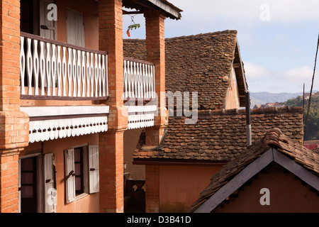 Madagascar, Fianarantsoa, Upper Town, Haute Ville, clay tiled rooftops and wooden balcony Stock Photo