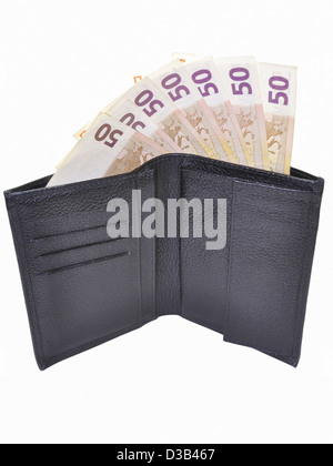 black open wallet with Euro banknotes isolated on white; clipping path included Stock Photo
