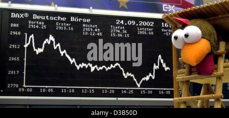 (dpa) - A 'Moorhuhn' doll ('Moorland Chicken' of the computer game 'Moorhuhnjagd') looks from a look-out stand at the DAX index displayed on the board at the stock exchange in Frankfurt, 24 September 2002. The DAX index dipped below the psychologically important level of 3,000 points for the first t Stock Photo