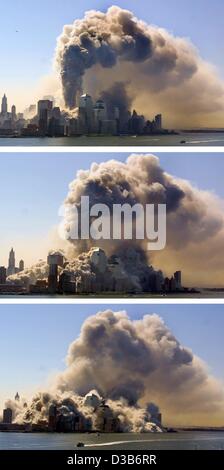 (dpa) - The sequence shows the collapse of the World Trade Center in New York, 11 September 2001. 2,823 people were killed when Islamic terrorists crashed into the WTC with highjacked planes. Together with 189 dead in the Pentagon attack of plane no. 3 and the 44 on board plane no. 4 that crashed ne Stock Photo