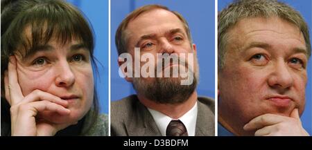 (dpa) - A combo shows Silke Tober (L), Klaus F. Zimmermann (C), the President of the German institute of economic research (DIW), and Gustav Horn (R), head of the department of business activity at the DIW, all pictured during a press conference in Berlin, 7 January 2003. The DIW (Deutsches Institut Stock Photo