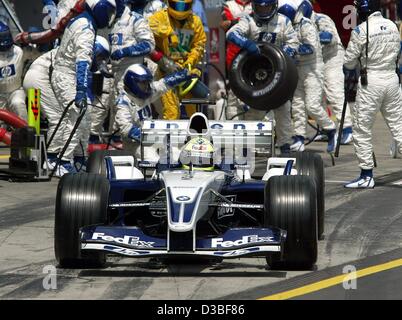 (dpa) - German formula one pilot Ralf Schumacher (BMW-Williams) leaves the pit lane during the European Grand Prix at the Nuerburgring race track, Germany, 29 June 2003. Ralf Schumacher won the race and with 43 points in overall standings for the world championships he is now ranking third. Stock Photo