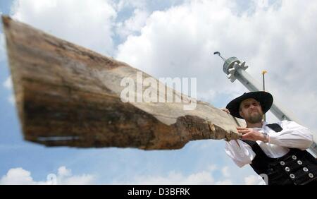 (dpa) - Carpenter Hans Wehlauch carries a large plank of timber on his shoulders during the 'Ligna' trade fair in Hanover, Germany, 26 May 2003. 'Ligna' is the worldwide largest trade fair for forestry and the timber industry and is considered to be internationally one of the leading trade fairs of  Stock Photo