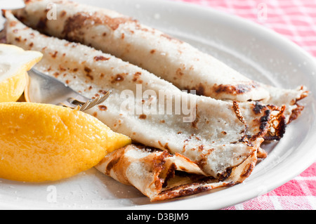 Pancakes with lemon and sugar Stock Photo