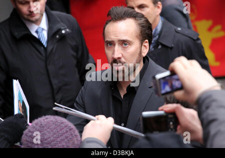 US actor Nicolas Cage arrives for the photocall of 'The Croods' during the 63rd annual Berlin International Film Festival, in Berlin, Germany, 15 February 2013. The movie is presented in competition out of competition at the Berlinale. Photo: Kay Nietfeld/dpa Stock Photo