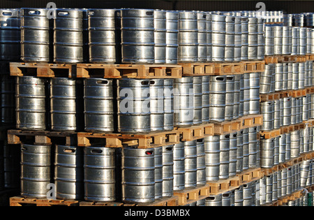 many steel kegs of beer in warehouse Stock Photo