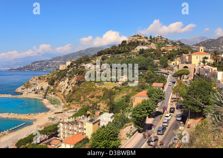 Aerial view on hills and mountains along Mediterranean sea on italian riviera in Ventimiglia, Italy. Stock Photo