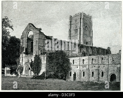 Vintage engraving of the ruins of Fountains Abbey, North Yorkshire, England, Stock Photo