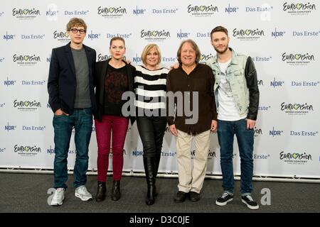 Hanover, Germany, 14th Feb,  2013The jury Tim Bendzko (L-R), Anna Loos, Mary Roos, Peter Urban and Roman Lob pose after the German trials for the 'Eurovision Song Contest 2013 - Our Song for Malmo' in Hanover, Germany, 14 February 2013. The band Cascada won and will travel to Malmo as Germany's representative. Photo: Julian Stratenschulte Stock Photo